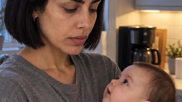 A mother in a kitchen at dawn, holding her baby face to face.
