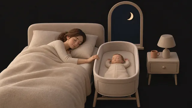Night: the mother sleeps on her side with a hand on the bassinet where her baby sleeps on its back, a crescent moon in the window.