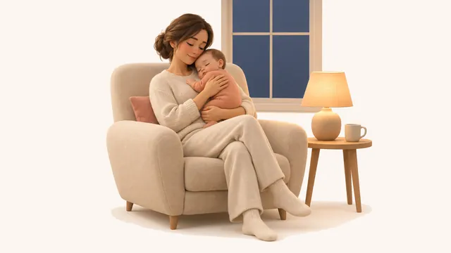Evening at home: a mother holds her sleeping baby against her shoulder in an armchair beside a small warm lamp, both faces calm.