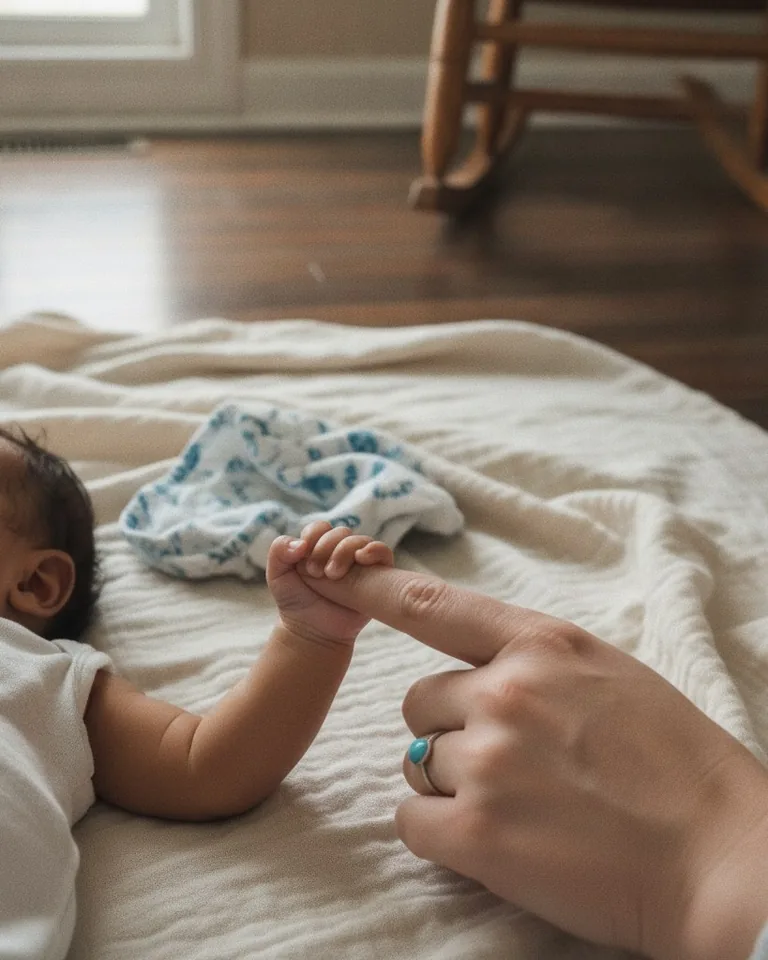 A baby on a blanket holding their mom's finger.